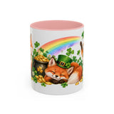 St. Patrick's Day Fox Mug, Woodland Luck, Cute Animal Lover Gift, Watercolor Ceramic Coffee Cup, 11oz 15oz — 11oz / Pink — front