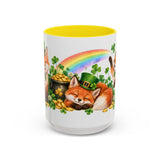 St. Patrick's Day Fox Mug, Woodland Luck, Cute Animal Lover Gift, Watercolor Ceramic Coffee Cup, 11oz 15oz — 15oz / Yellow — front