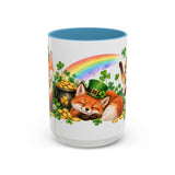 St. Patrick's Day Fox Mug, Woodland Luck, Cute Animal Lover Gift, Watercolor Ceramic Coffee Cup, 11oz 15oz — 15oz / Light Blue — front