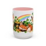 St. Patrick's Day Fox Mug, Woodland Luck, Cute Animal Lover Gift, Watercolor Ceramic Coffee Cup, 11oz 15oz — 15oz / Pink — front
