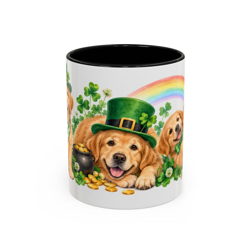 St. Patrick's Day Golden Retriever Mug, Golden Shamrocks, Cute Animal Lover Gift, Watercolor Ceramic Coffee Cup, 11oz 15oz — 11oz / Black — front