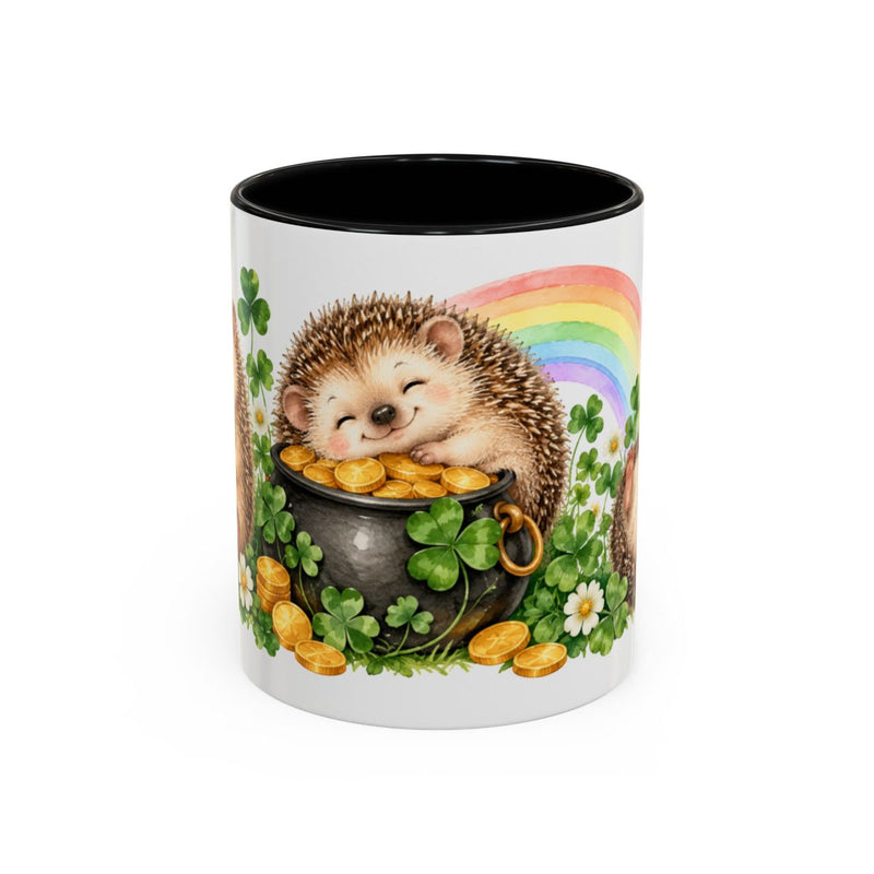 St. Patrick's Day Hedgehog Mug, Tiny Shamrock, Cute Animal Lover Gift, Watercolor Ceramic Coffee Cup, 11oz 15oz — 11oz / Black — front
