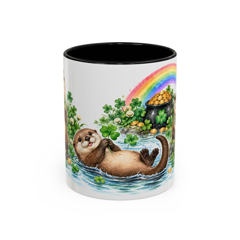 St. Patrick's Day Otter Mug, River Rainbow, Cute Animal Lover Gift, Watercolor Ceramic Coffee Cup, 11oz 15oz — 11oz / Black — front