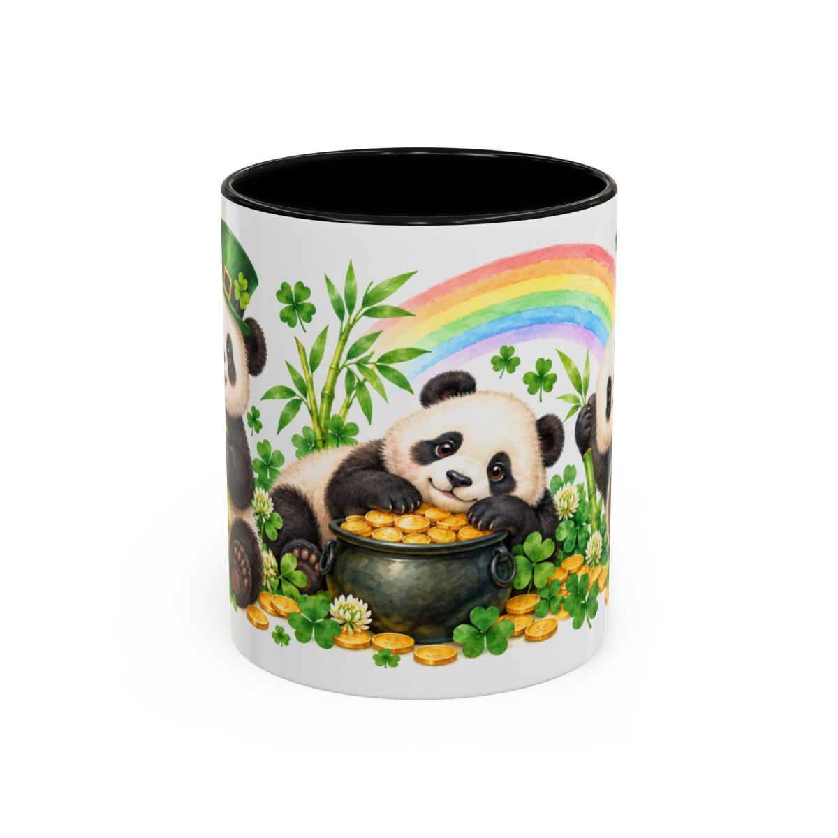St. Patrick's Day Panda Mug, Bamboo Shamrocks, Cute Animal Lover Gift, Watercolor Ceramic Coffee Cup, 11oz 15oz — 11oz / Black — front