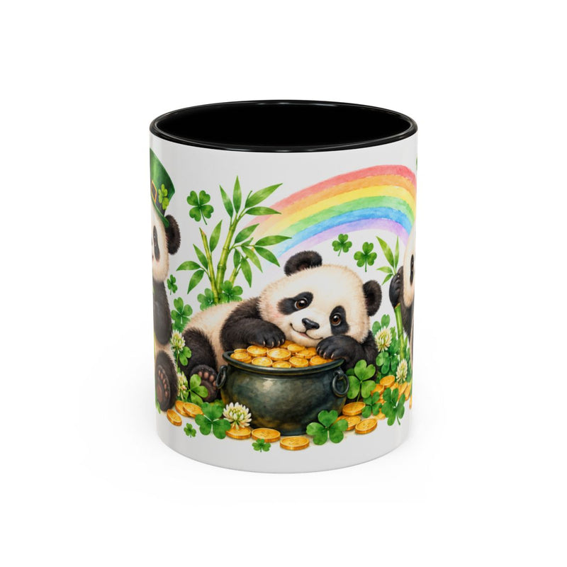 St. Patrick's Day Panda Mug, Bamboo Shamrocks, Cute Animal Lover Gift, Watercolor Ceramic Coffee Cup, 11oz 15oz — 11oz / Black — front