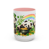 St. Patrick's Day Panda Mug, Bamboo Shamrocks, Cute Animal Lover Gift, Watercolor Ceramic Coffee Cup, 11oz 15oz — 15oz / Pink — front