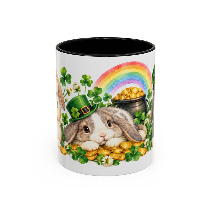 St. Patrick's Day Rabbit Mug, Emerald Garden, Cute Animal Lover Gift, Watercolor Ceramic Coffee Cup, 11oz 15oz — 11oz / Black — front