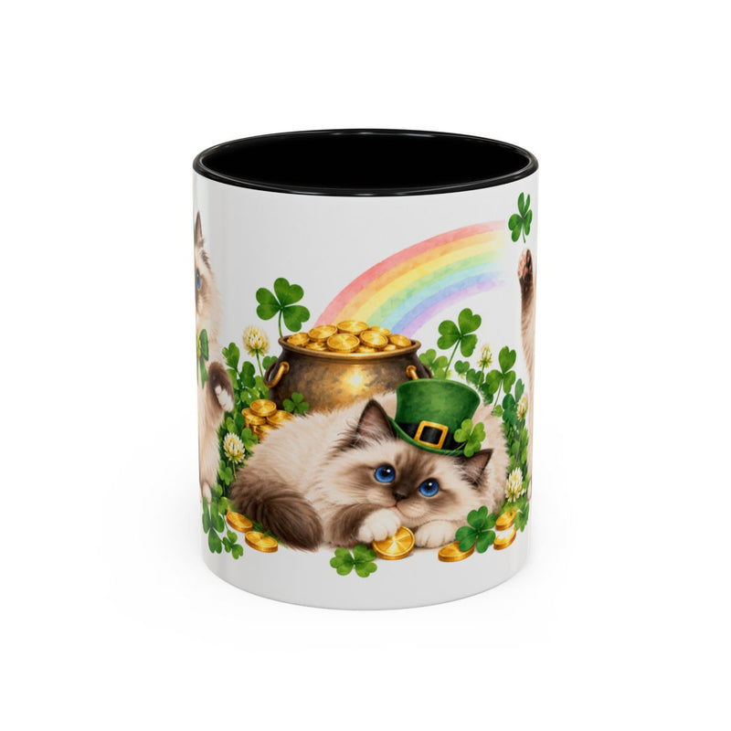 St. Patrick's Day Ragdoll Cat Mug, Emerald Paws, Cute Animal Lover Gift, Watercolor Ceramic Coffee Cup, 11oz 15oz — 11oz / Black — front