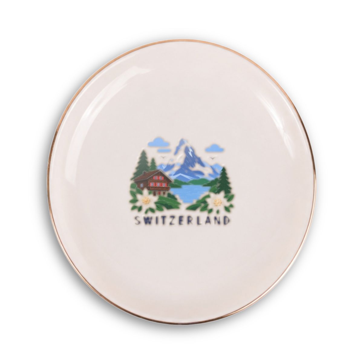 Switzerland Ceramic Ring Dish, Gold Rim Trinket Tray, Jewelry Holder Gift, Round Wavy Round Heart — Front view — Photo 1