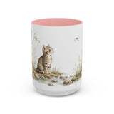 Tabby Kitten Accent Mug | Watercolor Nature Coffee Cup | 11oz 15oz Waterside Animal Gift — 15oz / Pink — front