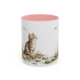 Tabby Kitten Accent Mug | Watercolor Nature Coffee Cup | 11oz 15oz Waterside Animal Gift — 11oz / Pink — front
