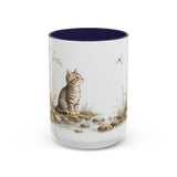 Tabby Kitten Accent Mug | Watercolor Nature Coffee Cup | 11oz 15oz Waterside Animal Gift — 15oz / Navy — front