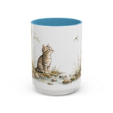 Tabby Kitten Accent Mug | Watercolor Nature Coffee Cup | 11oz 15oz Waterside Animal Gift — 15oz / Light Blue — front