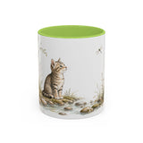 Tabby Kitten Accent Mug | Watercolor Nature Coffee Cup | 11oz 15oz Waterside Animal Gift — 11oz / Light Green — front