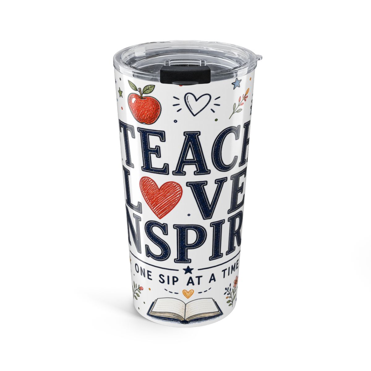 Teach Love Inspire 20oz Tumbler — Inspirational Teacher Gift — Insulated Stainless Steel Travel Cup — Front view — Photo 1