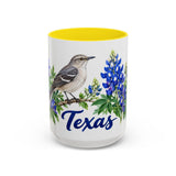 Texas State Bird and Flower Mug, Watercolor Botanical Coffee Cup, Nature Lover Gift, 11oz 15oz Accent Mug — 15oz / Yellow — front