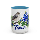 Texas State Bird and Flower Mug, Watercolor Botanical Coffee Cup, Nature Lover Gift, 11oz 15oz Accent Mug — 15oz / Light Blue — front