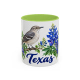 Texas State Bird and Flower Mug, Watercolor Botanical Coffee Cup, Nature Lover Gift, 11oz 15oz Accent Mug — 11oz / Light Green — front