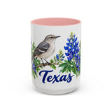 Texas State Bird and Flower Mug, Watercolor Botanical Coffee Cup, Nature Lover Gift, 11oz 15oz Accent Mug — 15oz / Pink — front