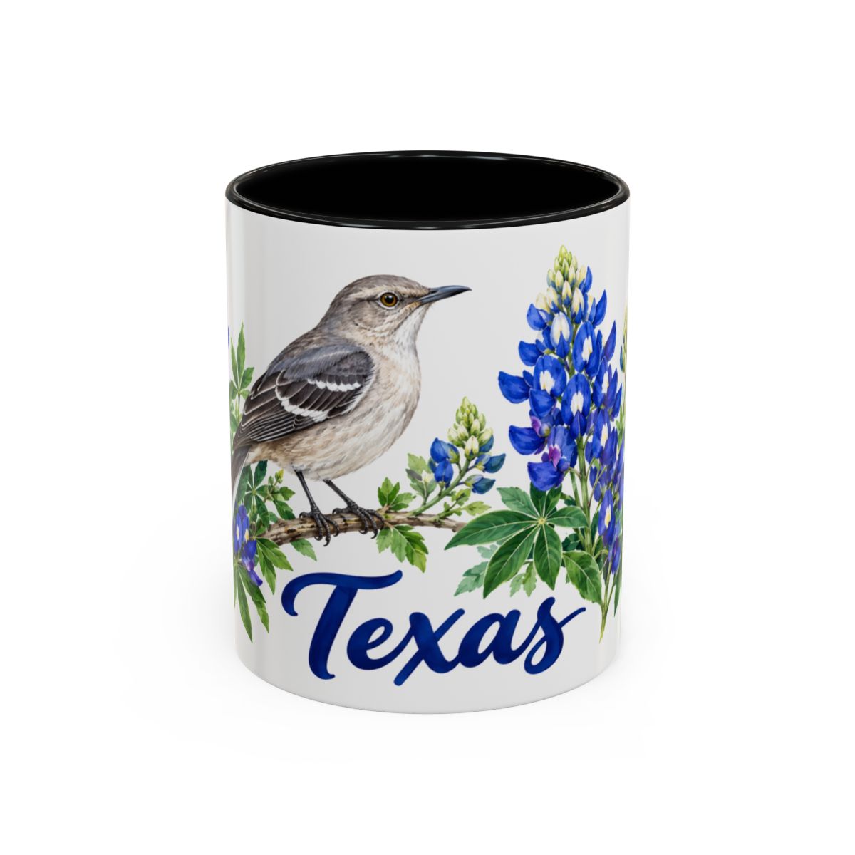 Texas State Bird and Flower Mug, Watercolor Botanical Coffee Cup, Nature Lover Gift, 11oz 15oz Accent Mug — 11oz / Black — front
