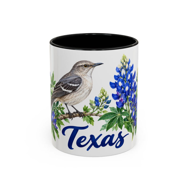 Texas State Bird and Flower Mug, Watercolor Botanical Coffee Cup, Nature Lover Gift, 11oz 15oz Accent Mug — 11oz / Black — front