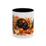 Thanksgiving Black Cat Mug, Cornucopia Cuddles, Cute Animal Lover Gift, Watercolor Ceramic Coffee Cup, 11oz 15oz — 11oz / Black — front