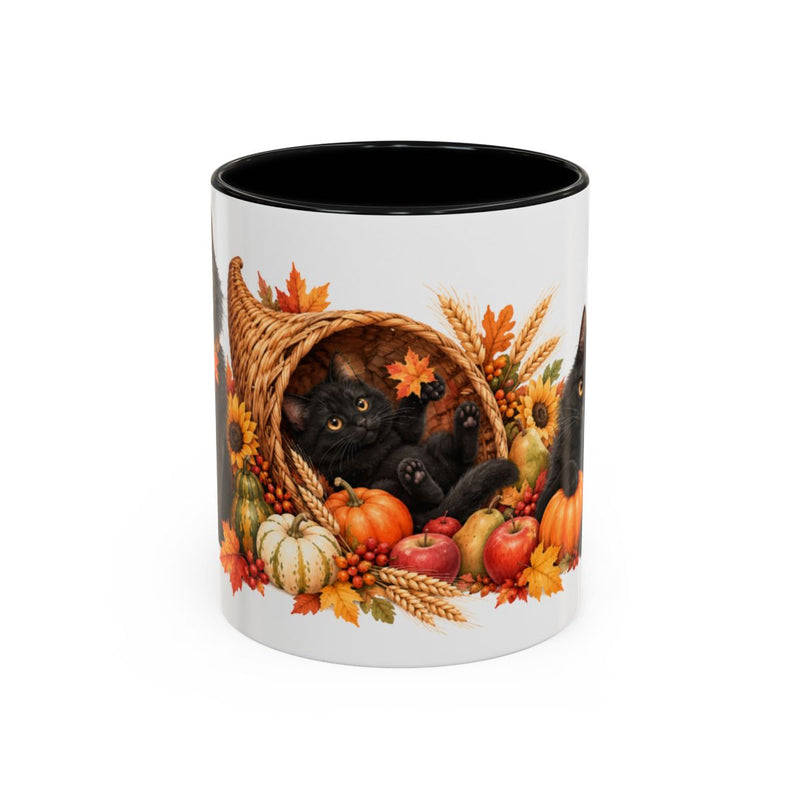 Thanksgiving Black Cat Mug, Cornucopia Cuddles, Cute Animal Lover Gift, Watercolor Ceramic Coffee Cup, 11oz 15oz — 11oz / Black — front
