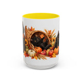 Thanksgiving Black Cat Mug, Cornucopia Cuddles, Cute Animal Lover Gift, Watercolor Ceramic Coffee Cup, 11oz 15oz — 15oz / Yellow — front