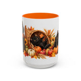 Thanksgiving Black Cat Mug, Cornucopia Cuddles, Cute Animal Lover Gift, Watercolor Ceramic Coffee Cup, 11oz 15oz — 15oz / Orange — front