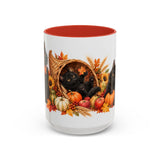 Thanksgiving Black Cat Mug, Cornucopia Cuddles, Cute Animal Lover Gift, Watercolor Ceramic Coffee Cup, 11oz 15oz — 15oz / Red — front