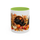 Thanksgiving Black Cat Mug, Cornucopia Cuddles, Cute Animal Lover Gift, Watercolor Ceramic Coffee Cup, 11oz 15oz — 11oz / Light Green — front