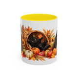Thanksgiving Black Cat Mug, Cornucopia Cuddles, Cute Animal Lover Gift, Watercolor Ceramic Coffee Cup, 11oz 15oz — 11oz / Yellow — front
