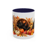 Thanksgiving Black Cat Mug, Cornucopia Cuddles, Cute Animal Lover Gift, Watercolor Ceramic Coffee Cup, 11oz 15oz — 11oz / Navy — front