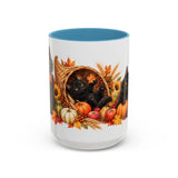 Thanksgiving Black Cat Mug, Cornucopia Cuddles, Cute Animal Lover Gift, Watercolor Ceramic Coffee Cup, 11oz 15oz — 15oz / Light Blue — front