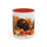 Thanksgiving Black Cat Mug, Cornucopia Cuddles, Cute Animal Lover Gift, Watercolor Ceramic Coffee Cup, 11oz 15oz — 11oz / Red — front