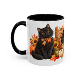 Thanksgiving Black Cat Mug, Cornucopia Cuddles, Cute Animal Lover Gift, Watercolor Ceramic Coffee Cup, 11oz 15oz — 11oz / Black — left