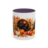 Thanksgiving Black Cat Mug, Cornucopia Cuddles, Cute Animal Lover Gift, Watercolor Ceramic Coffee Cup, 11oz 15oz — 11oz / Purple — front