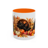 Thanksgiving Black Cat Mug, Cornucopia Cuddles, Cute Animal Lover Gift, Watercolor Ceramic Coffee Cup, 11oz 15oz — 11oz / Orange — front