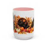 Thanksgiving Black Cat Mug, Cornucopia Cuddles, Cute Animal Lover Gift, Watercolor Ceramic Coffee Cup, 11oz 15oz — 15oz / Pink — front