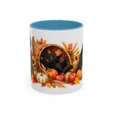 Thanksgiving Black Cat Mug, Cornucopia Cuddles, Cute Animal Lover Gift, Watercolor Ceramic Coffee Cup, 11oz 15oz — 11oz / Light Blue — front