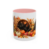 Thanksgiving Black Cat Mug, Cornucopia Cuddles, Cute Animal Lover Gift, Watercolor Ceramic Coffee Cup, 11oz 15oz — 11oz / Pink — front