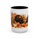 Thanksgiving Black Cat Mug, Cornucopia Cuddles, Cute Animal Lover Gift, Watercolor Ceramic Coffee Cup, 11oz 15oz — 15oz / Black — front