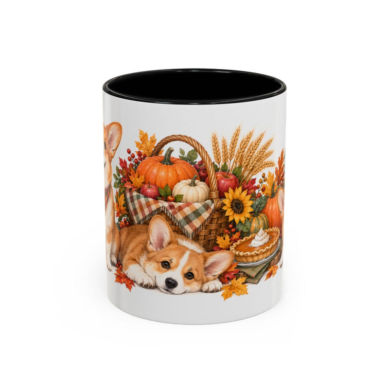 Thanksgiving Corgi Mug, Harvest Basket, Cute Animal Lover Gift, Watercolor Ceramic Coffee Cup, 11oz 15oz — 11oz / Black — front