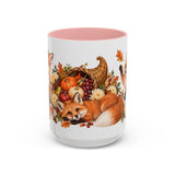 Thanksgiving Fox Mug, Grateful Gathering, Cute Animal Lover Gift, Watercolor Ceramic Coffee Cup, 11oz 15oz — 15oz / Pink — front