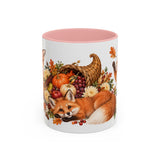 Thanksgiving Fox Mug, Grateful Gathering, Cute Animal Lover Gift, Watercolor Ceramic Coffee Cup, 11oz 15oz — 11oz / Pink — front