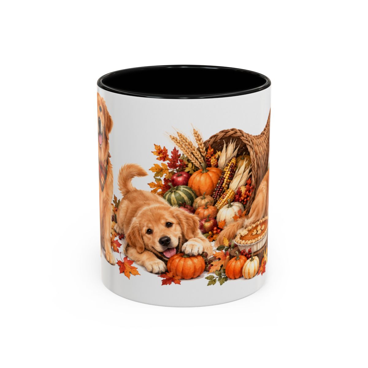 Thanksgiving Golden Retriever Mug, Family Harvest, Cute Animal Lover Gift, Watercolor Ceramic Coffee Cup, 11oz 15oz — 11oz / Black — front