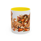 Thanksgiving Golden Retriever Mug, Family Harvest, Cute Animal Lover Gift, Watercolor Ceramic Coffee Cup, 11oz 15oz — 11oz / Yellow — front