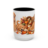 Thanksgiving Golden Retriever Mug, Family Harvest, Cute Animal Lover Gift, Watercolor Ceramic Coffee Cup, 11oz 15oz — 15oz / Black — front