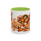 Thanksgiving Golden Retriever Mug, Family Harvest, Cute Animal Lover Gift, Watercolor Ceramic Coffee Cup, 11oz 15oz — 11oz / Light Green — front