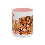 Thanksgiving Golden Retriever Mug, Family Harvest, Cute Animal Lover Gift, Watercolor Ceramic Coffee Cup, 11oz 15oz — 11oz / Pink — front